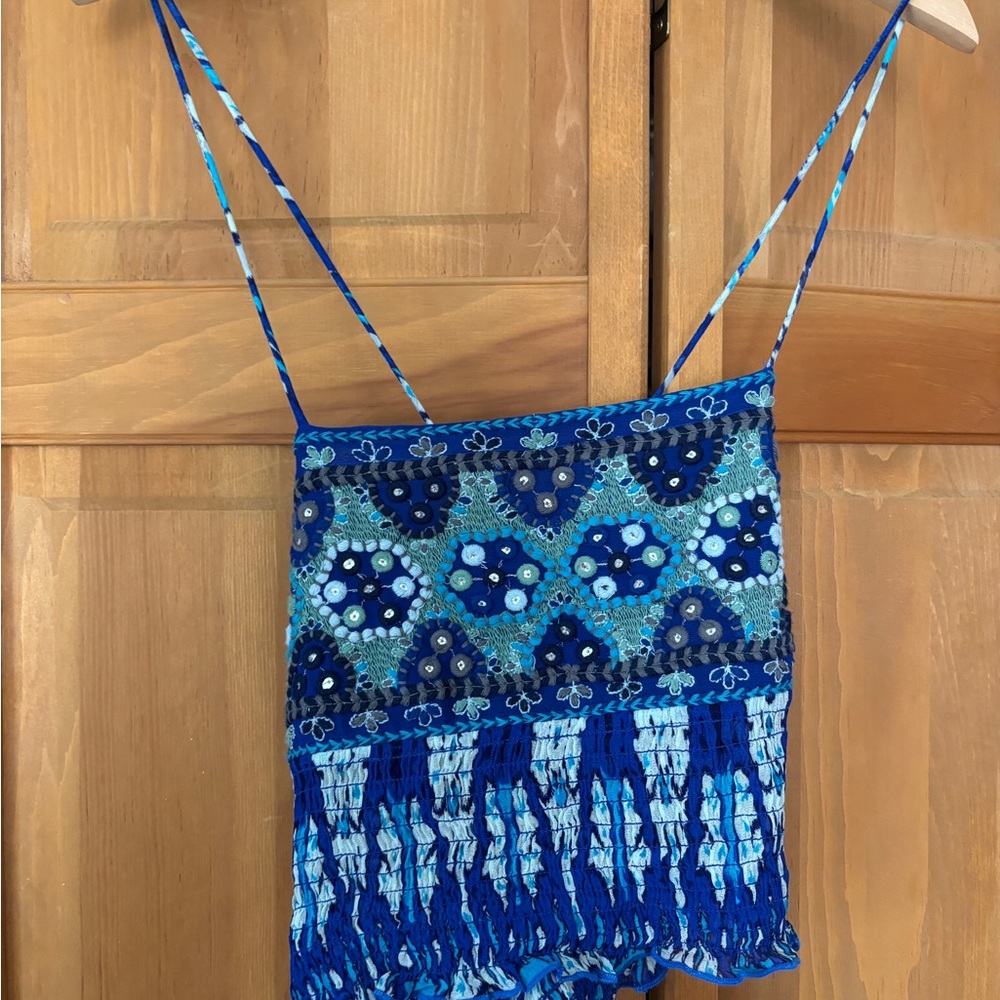 Zara Blue Crochet Fringe Top